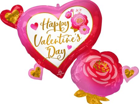 Happy Valentines Day Heart & Rose SuperShape Balloon 81x68cm For Sale