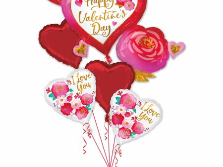 Happy Valentines Day Heart & Rose Balloon Bouquet 5pcs Online Sale